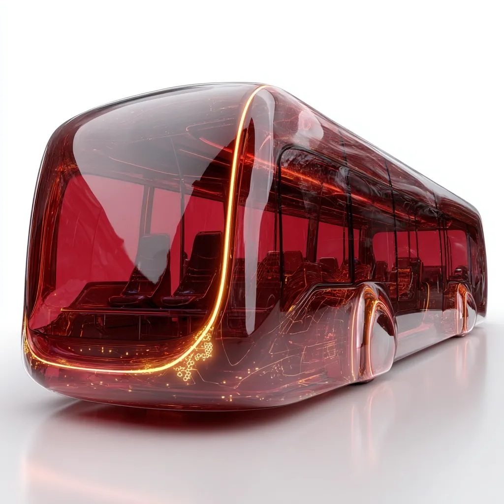 A futuristic, transparent red bus is showcased against a white backdrop.  Its design is sleek and modern, with internal circuitry glowing amber.  The seats are visible through the translucent body, emphasizing the bus's innovative and potentially autonomous nature. The overall impression is one of high-tech public transportation.