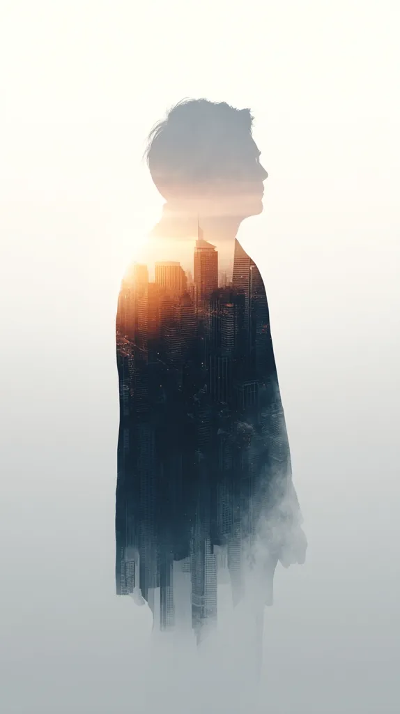 A double exposure image portrays a person's silhouette superimposed onto a cityscape. The figure, appearing contemplative, is partially obscured by a hazy, urban landscape, blending the individual with the city's architecture.  Warm sunrise hues illuminate the buildings, contrasting with the cooler tones of the silhouette and fog.  The overall effect creates a feeling of interconnectedness between the person and their environment.