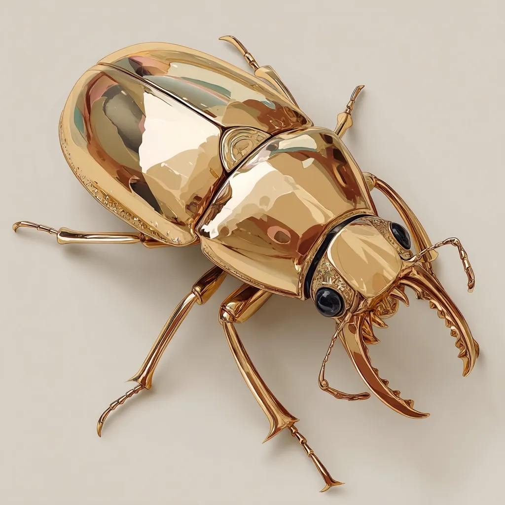 A meticulously crafted golden stag beetle is showcased, its polished surface reflecting light.  Intricate details are visible in the mandibles and segmented body.  The beetle's legs are splayed, revealing the craftsmanship.  The dark eyes add a striking contrast to the gleaming gold, creating a luxurious and artistic piece.  The overall impression is one of opulence and refined artistry.