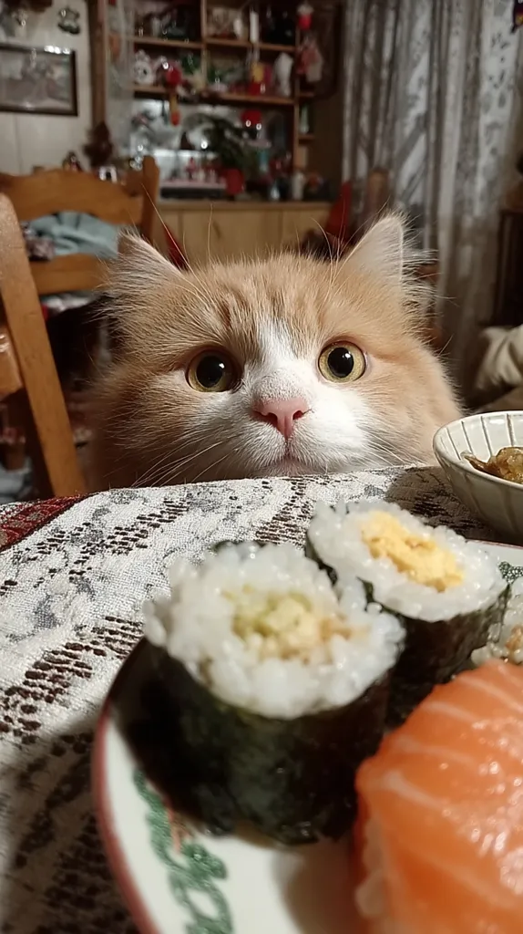 A fluffy ginger cat with striking yellow eyes peers intently over a table laden with sushi.  Two pieces of maki are in the foreground, alongside a piece of salmon nigiri.  A small bowl of food is visible in the background, suggesting a meal is in progress. The cat's expression hints at a strong interest in the delicious-looking meal.
