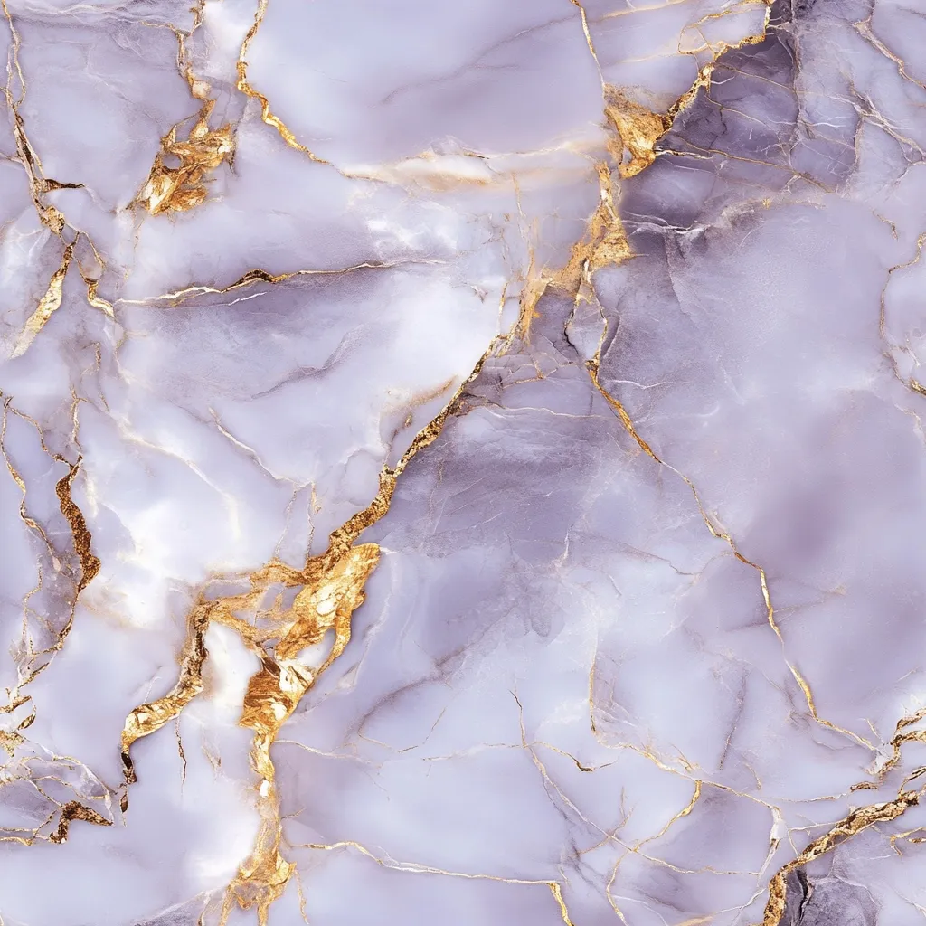 The image showcases a luxurious lavender marble texture with intricate gold veining.  The pale purple stone is richly detailed, showing a natural, cracked pattern.  Gold accents run throughout the design, adding a touch of opulence and elegance. The overall effect is one of refined beauty and sophistication.
