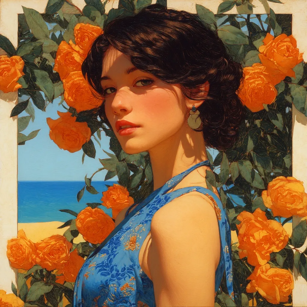 A young woman with dark hair, wearing a blue floral dress, is framed by vibrant orange roses.  Sunlight illuminates her face, highlighting her delicate features.  She gazes towards the viewer, her expression serene.  A tranquil beach and blue ocean are visible in the background through a white trellis. The overall style is reminiscent of classical portraiture with a modern painterly touch.