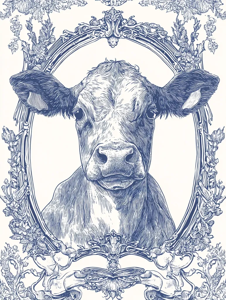 A detailed blue ink drawing showcases a young cow's head and shoulders, centrally positioned within an ornate oval frame. The frame is embellished with elaborate rococo-style flourishes and floral motifs.  The cow's expression is calm and direct, its features rendered with meticulous detail.  The overall style suggests a blend of classical elegance and rustic charm.
