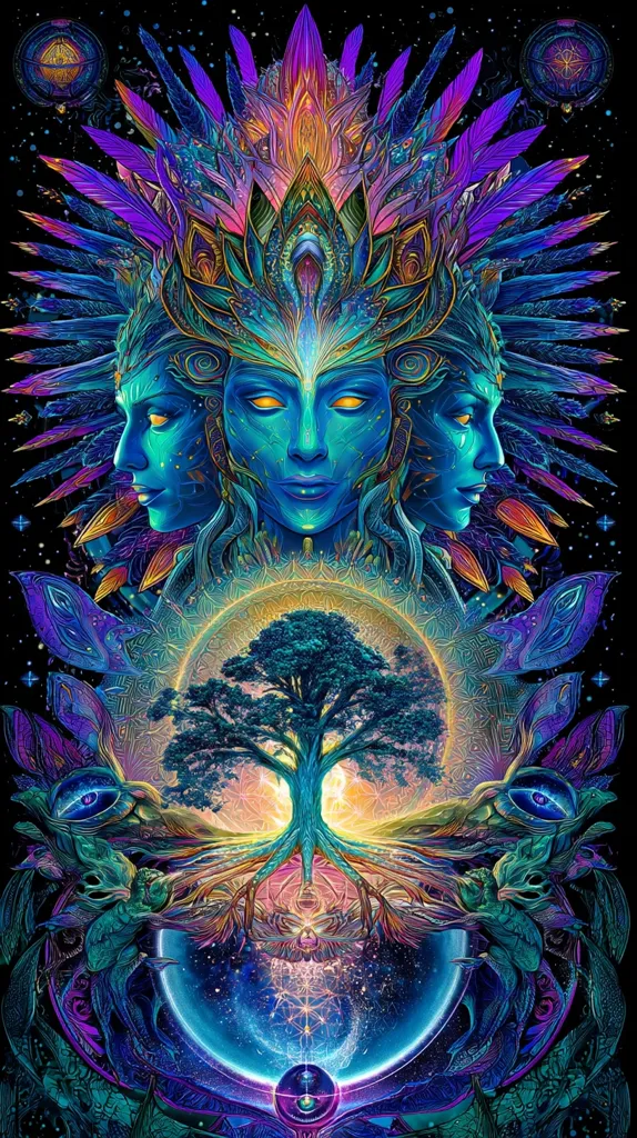 A vibrant, psychedelic artwork depicts a central, luminous blue figure with three faces, crowned by an ornate headdress resembling feathers.  The figure is framed by swirling, fractal patterns and vibrant colors.  At its heart rests a large, life-giving tree, its roots extending into a glowing orb symbolizing Earth. The entire composition evokes a sense of cosmic unity and interconnectedness, blending spiritual and natural imagery in a richly detailed and imaginative style.