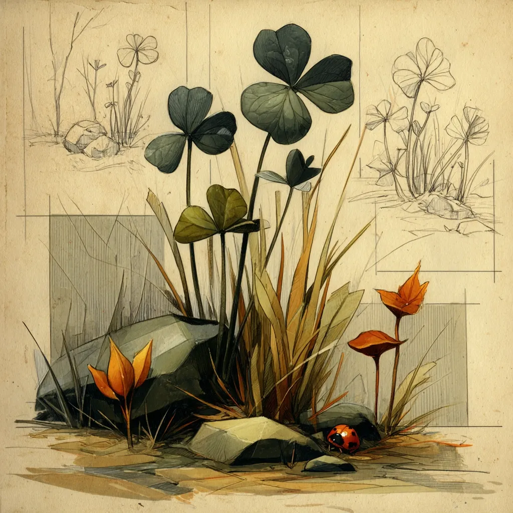 A stylized botanical illustration features a cluster of shamrocks, interspersed with tall grasses and small orange flowers.  Rocks are positioned at the base of the plants, and a ladybug rests near the bottom.  The artwork incorporates pencil sketches of similar plants in the corners, suggesting a study in botanical illustration. The overall palette is muted, earthy tones on an aged paper background.