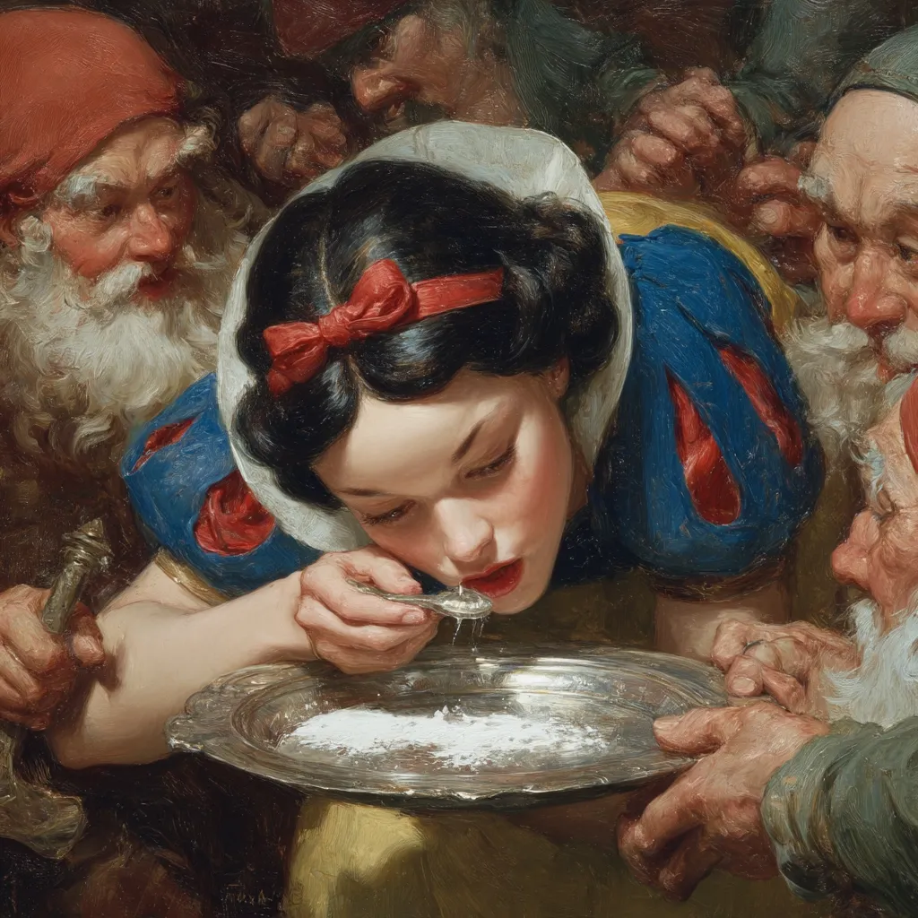 A painting depicts Snow White, her dark hair adorned with a red ribbon, kneeling before a silver platter.  Seven dwarves surround her, their faces etched with concern as she ingests a white substance from a spoon. The scene is dimly lit, creating a somber atmosphere, with the focus on Snow White’s actions and the dwarves' anxious expressions. The style is reminiscent of classical oil painting.