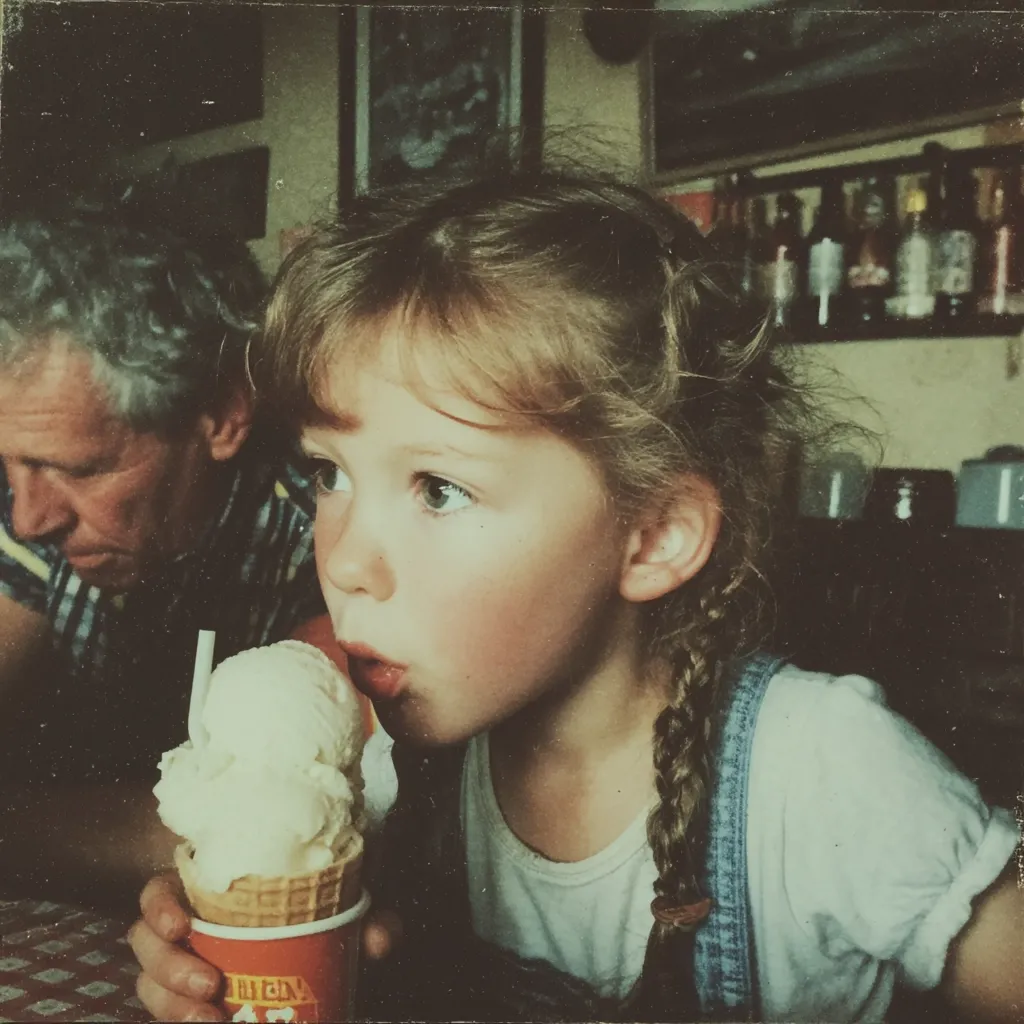 A young girl with pigtails enjoys an ice cream cone.  She's seated at a table, her grandfather, partially visible, sits beside her. The background shows a dimly lit room with shelves of bottles and framed pictures on the wall, giving the scene a nostalgic, vintage feel.  The image is slightly grainy, suggesting an old photograph.