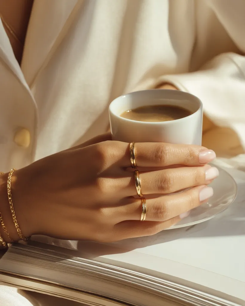 A close-up shot showcases a woman's hand adorned with delicate gold rings, gently holding a cup of coffee.  She's wearing a light beige, loose-fitting shirt.  Sunlight bathes the scene, casting a warm glow on her skin and the elegant jewelry.  A book rests beneath her hand, adding to the serene and minimalist aesthetic.