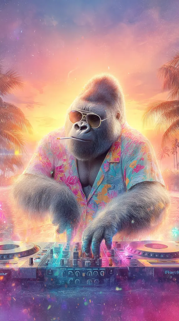 A cool gorilla DJ, sporting sunglasses and a vibrant Hawaiian shirt, mixes tunes on a futuristic DJ console.  The setting is a tropical beach at sunset, palm trees swaying gently in the background.  The image is vibrant and colorful, with a dreamy, almost surreal quality. The gorilla exudes a relaxed, confident vibe, embodying a summer party atmosphere.