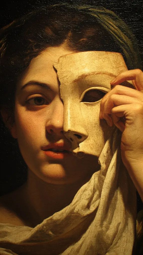 A close-up oil painting depicts a young woman with dark hair partially obscuring her face.  She holds a pale, antique-looking mask, partially concealing her face. The woman's expression is somewhat pensive, and the contrast between the mask and her skin creates a dramatic effect. The muted, warm tones of the painting emphasize the textures of both skin and fabric. The overall mood is one of mystery and revelation.