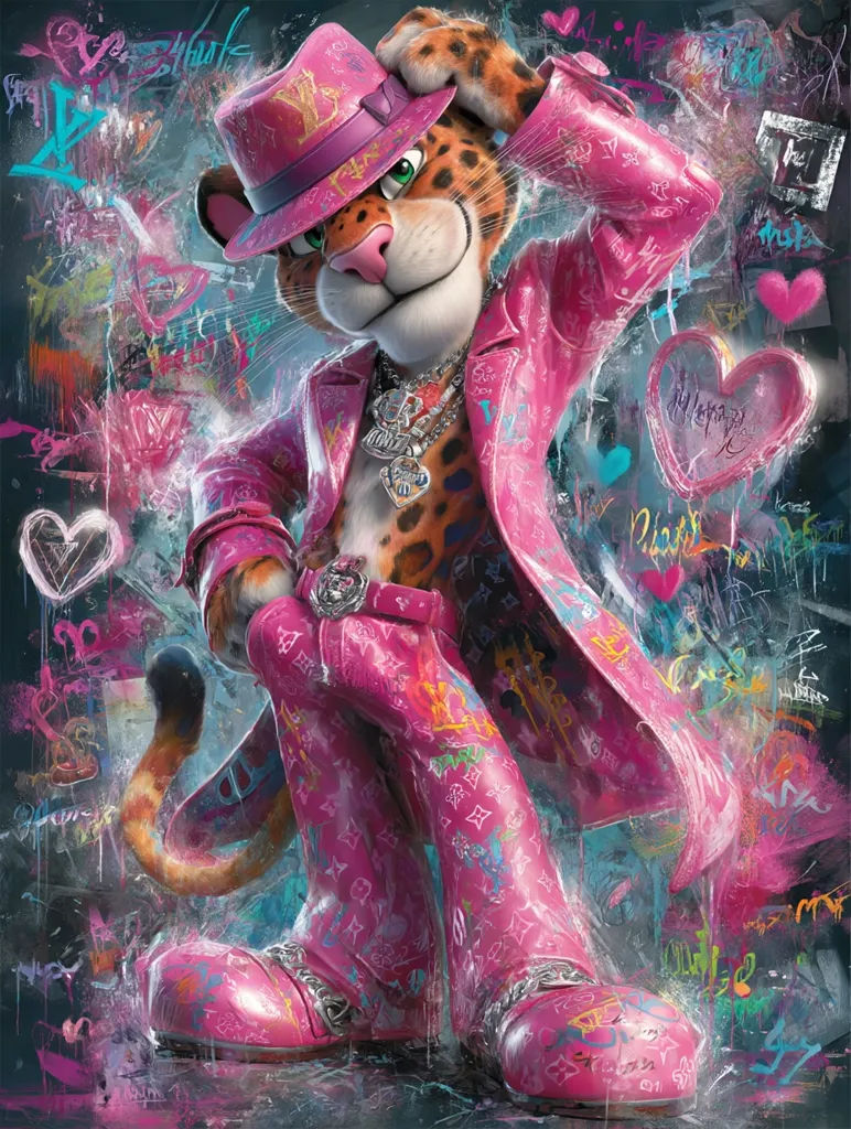 A stylized leopard, dressed in a vibrant pink Louis Vuitton-inspired suit, fedora, and boots, strikes a confident pose against a graffiti-covered backdrop.  The artwork features a bold color palette and dynamic brushstrokes, creating a blend of street art and high fashion aesthetics. The leopard's expression is playful yet sophisticated, adding to the image's overall edgy charm.  Hearts and other graffiti elements are scattered throughout the background.