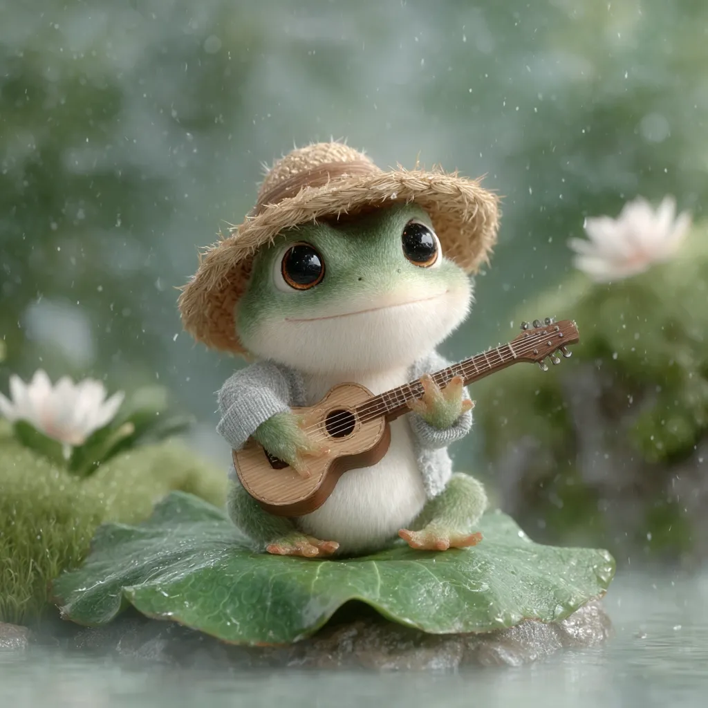 A charming, digitally rendered frog, wearing a straw hat and grey cardigan, sits serenely on a lily pad.  Gentle rain falls around it as it strums a small ukulele.  The scene is peaceful and idyllic, showcasing the frog's endearing expression and musical talent in a lush, green environment.