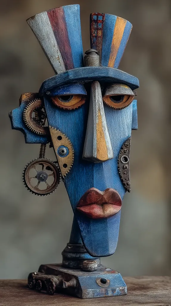 A striking blue wooden sculpture of a stylized face is adorned with repurposed metal gears and components.  The face is angular and expressive, with painted details adding depth and texture. The headdress-like top and the base, crafted from similar materials, complete the unique steampunk-inspired design.  The overall effect is one of artistic ingenuity and creative reuse.