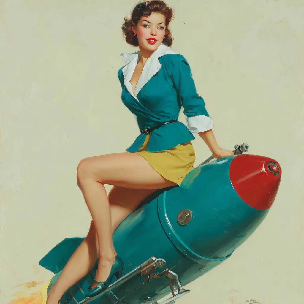 A pin-up girl, styled in a teal jacket and mustard yellow mini skirt, sits astride a teal and red rocket. Her dark hair is styled in a victory roll, and she sports red lipstick.  The image is rendered in a classic pin-up style, with a soft, muted background that contrasts with the vivid colors of the subject and her attire.  The overall aesthetic evokes a mid-20th-century feel.