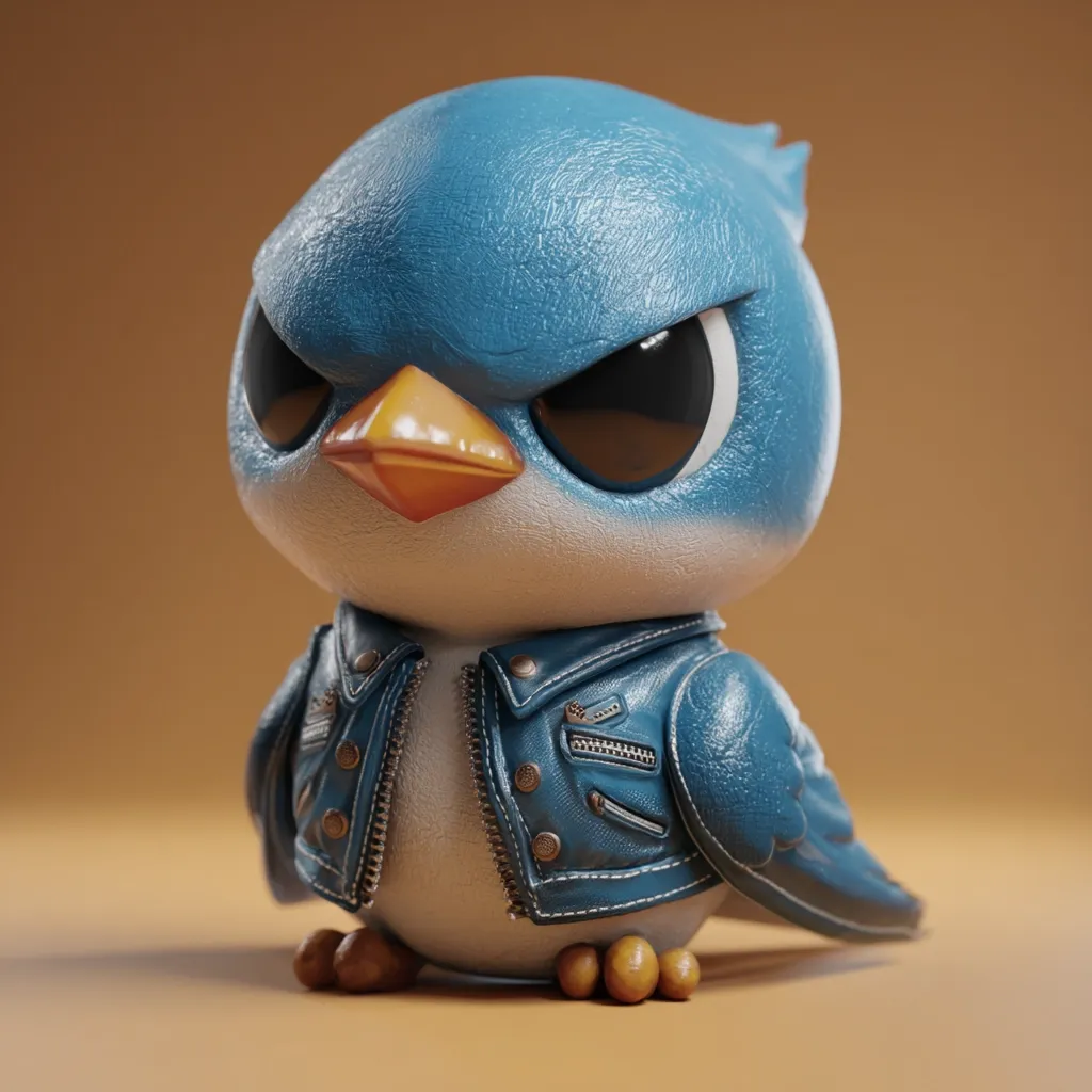 A 3D-rendered model of a blue bird, styled like a cartoon character, is depicted. The bird sports a grumpy expression, accentuated by its narrowed eyes.  It's dressed in a miniature denim jacket, adding a touch of coolness to its feathery form.  The bird's texture appears to be leather-like, creating a realistic yet playful contrast. The overall presentation is cute yet edgy, suggesting a blend of innocence and rebellion.
