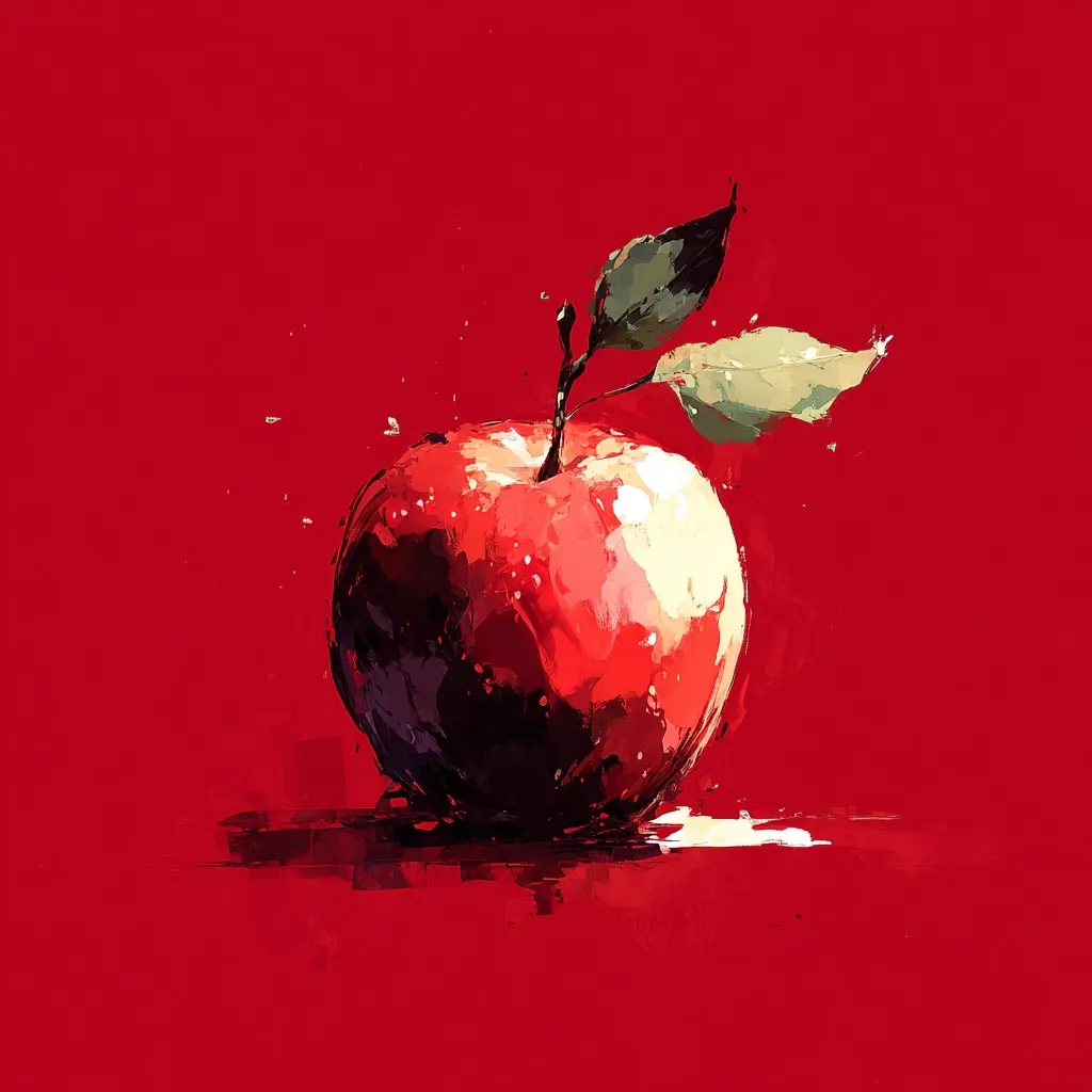 A vibrant, impressionistic painting depicts a single red apple against a deep crimson background.  The apple is rendered with bold brushstrokes, showcasing a glistening texture and highlighting variations in color.  A few leaves extend from the stem, adding a touch of green to the otherwise red composition. The style is expressive and painterly, emphasizing the artist's interpretation over photorealism.