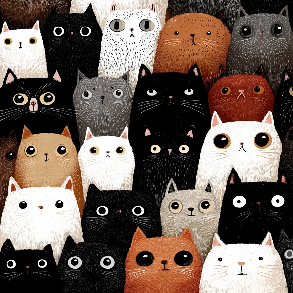 A whimsical illustration features a dense crowd of stylized cats, each with distinct fur colors and expressions.  Black, white, gray, brown, and orange cats are densely packed together, creating a playful and slightly chaotic scene.  Their large, expressive eyes and simple features contribute to the overall cute and charming aesthetic.  The illustration is likely digitally created, exhibiting a textured, almost furry look to the cats' coats.