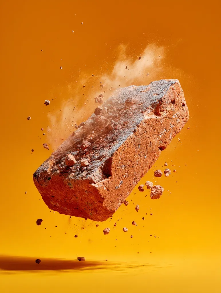 A brick shatters mid-air against a vibrant orange background.  Fragments and dust explode outward as the brick pieces fall. The image captures the dynamic moment of destruction, highlighting the texture and color of the brick and the contrast against the bright background.  The overall effect is dramatic and visually striking.