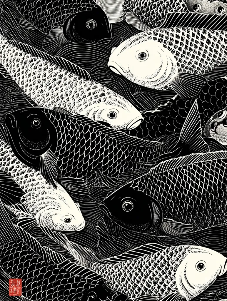 A striking black and white illustration showcases a dense school of koi fish.  The fish are intricately detailed, their scales and bodies rendered with fine lines and stippling.  The contrast between black and white koi creates a visually captivating pattern. The style suggests woodblock printing, emphasizing the textures of the fish and water.  The image is rich in detail and suggests movement within the water.