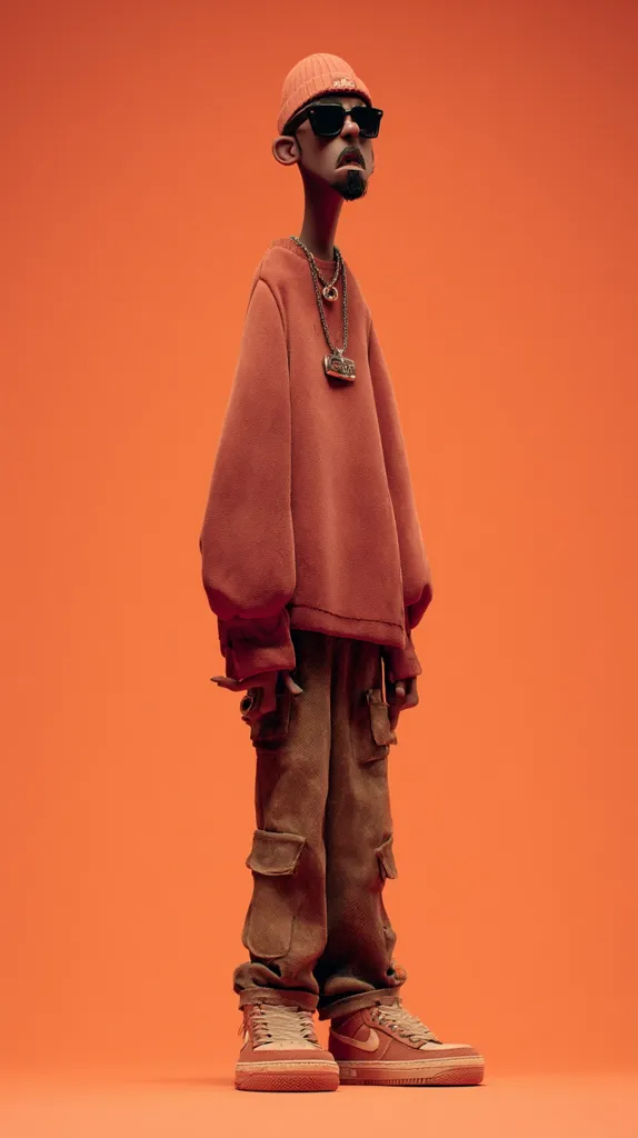 A stylized 3D rendered figure, possibly a caricature, stands against a vibrant orange backdrop.  The figure sports an orange beanie, sunglasses, a similarly colored oversized sweatshirt, cargo pants, and Air Force 1-style sneakers.  The long neck and exaggerated features contribute to its unique and expressive character.  The overall aesthetic is streetwear-influenced.