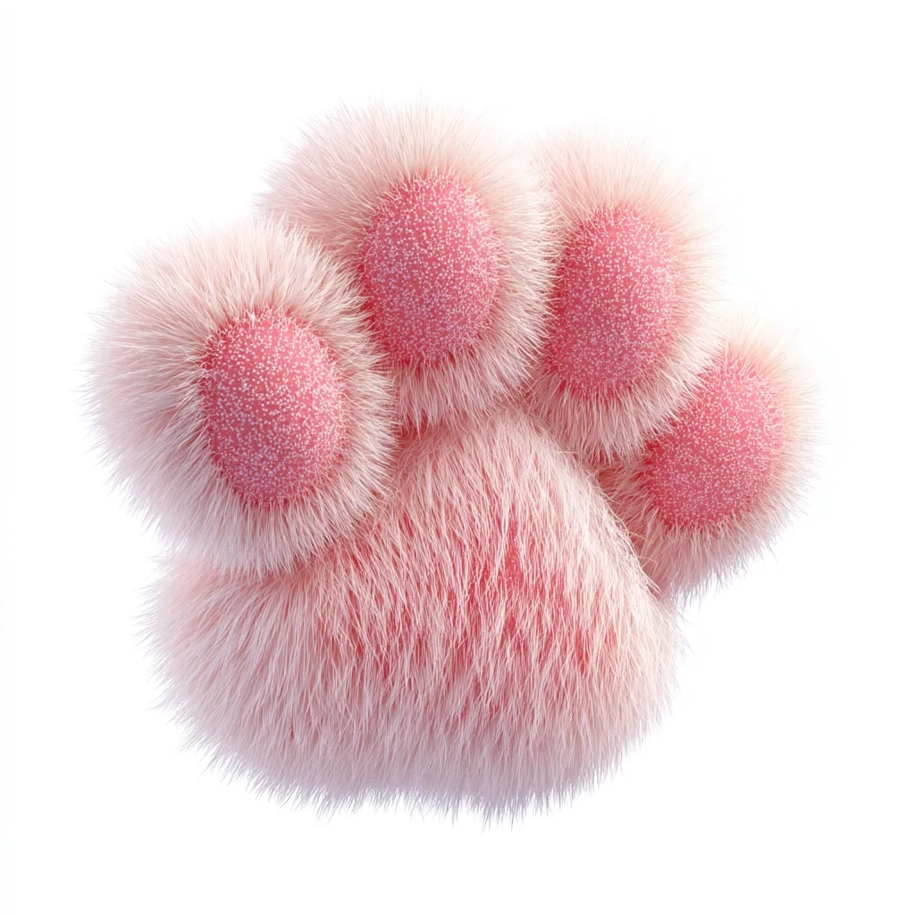 A fluffy, pink paw print is depicted against a white background.  The paw is rendered with a soft, furry texture, showing individual, slightly textured pink pads.  The overall effect is whimsical and cute, resembling a cartoon or digitally created image of a cat's paw. The light pink color and soft texture create a gentle and appealing aesthetic.