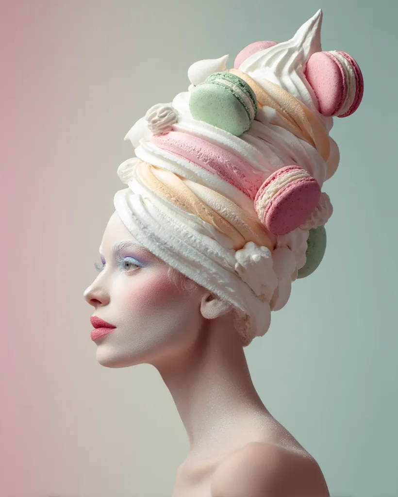 A woman's profile is shown, her face subtly powdered, adorned with a whimsical headpiece.  The headpiece is a towering confection of meringue-like swirls and pastel-colored macarons, creating a visually striking and surreal image.  The overall effect is dreamy and artistic, blending beauty and culinary elements in a unique fashion.