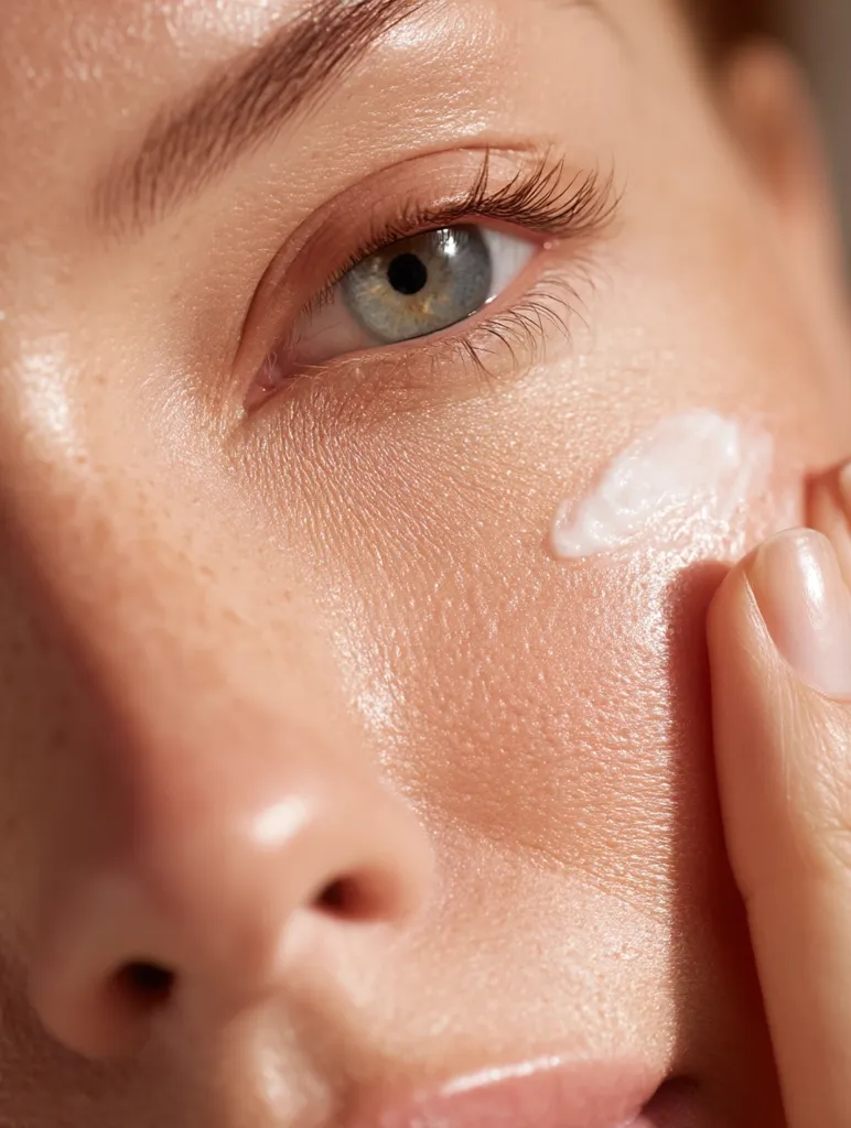 Close-up of a woman's face with a light cream applied to her cheekbone.  Her fingers gently blend the cream into her skin, highlighting her clear complexion and light-colored eyes. The image emphasizes skincare and the application of moisturizer.  Soft lighting accentuates the skin's texture and luminosity.