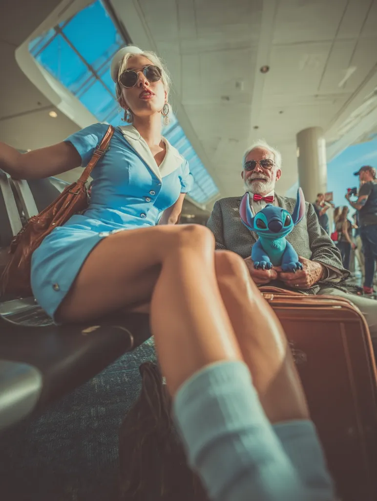 A stylish woman in a retro flight attendant uniform sits with legs spread wide, showcasing her long legs in light blue socks.  Beside her, an elderly man with glasses holds a Stitch plush toy. They are seated in an airport terminal, surrounded by other travelers and luggage. The overall scene has a vintage, whimsical feel.
