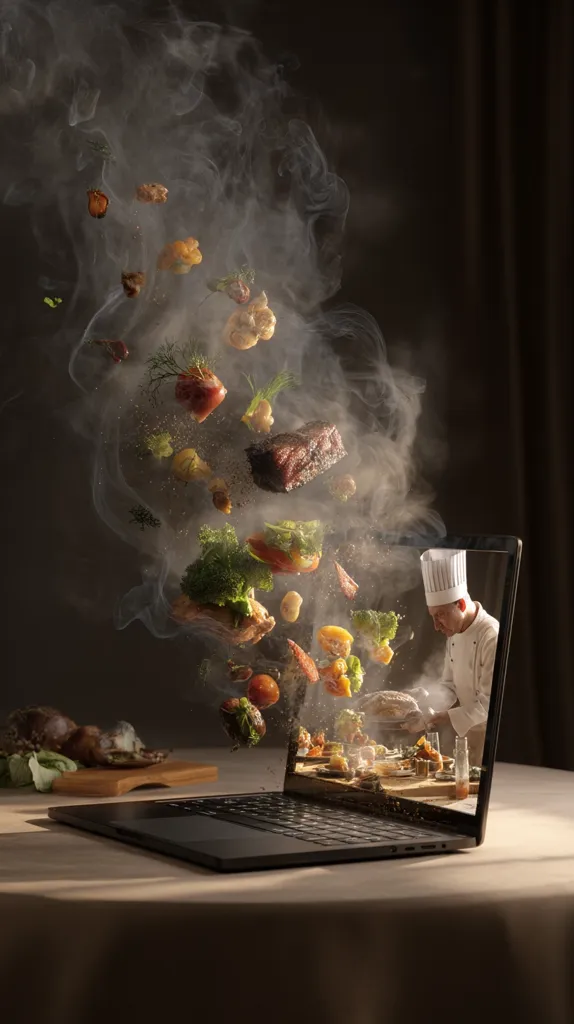 A chef, visible on a laptop screen, prepares a meal.  Various cooked ingredients, including meat and vegetables, seemingly burst from the screen, suspended in mid-air amidst swirling smoke. The scene is dramatically lit, creating a captivating image that blends culinary artistry with digital technology.  The overall impression is one of dynamic energy and deliciousness.
