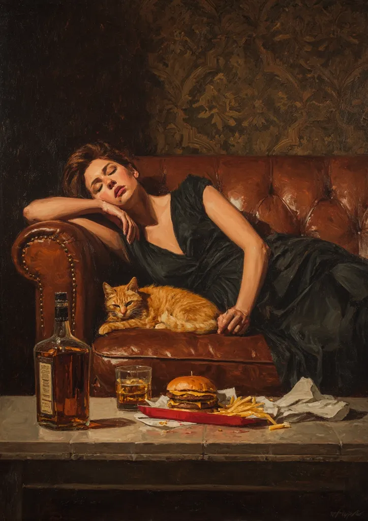 A woman in a black dress rests on a brown leather couch, her head on her arm, asleep. A ginger cat lies beside her.  On a low table in front of the couch sits a bottle of liquor, a glass of whiskey, a double cheeseburger, and a portion of fries. The scene is dimly lit, creating a mood of quiet contemplation and weariness. The rich, dark tones of the painting emphasize the atmosphere of solitude.