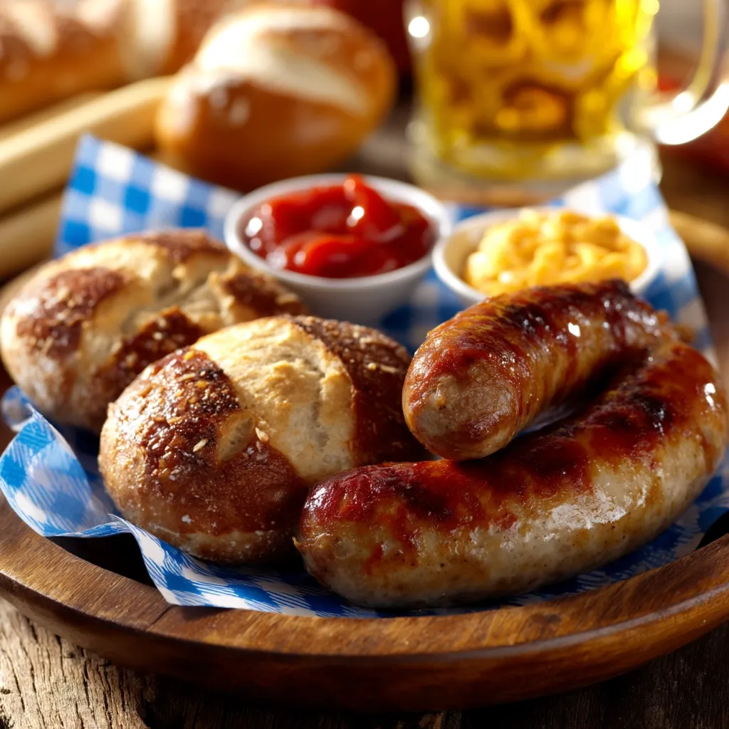 A wooden platter holds grilled sausages, nestled amongst soft pretzels and bowls of ketchup and mustard.  The scene is set with a blurry background suggesting a festive, possibly Oktoberfest, atmosphere.  A beer glass is partially visible, completing the image of a classic German food pairing.  The blue and white checkered napkin adds a touch of traditional design.