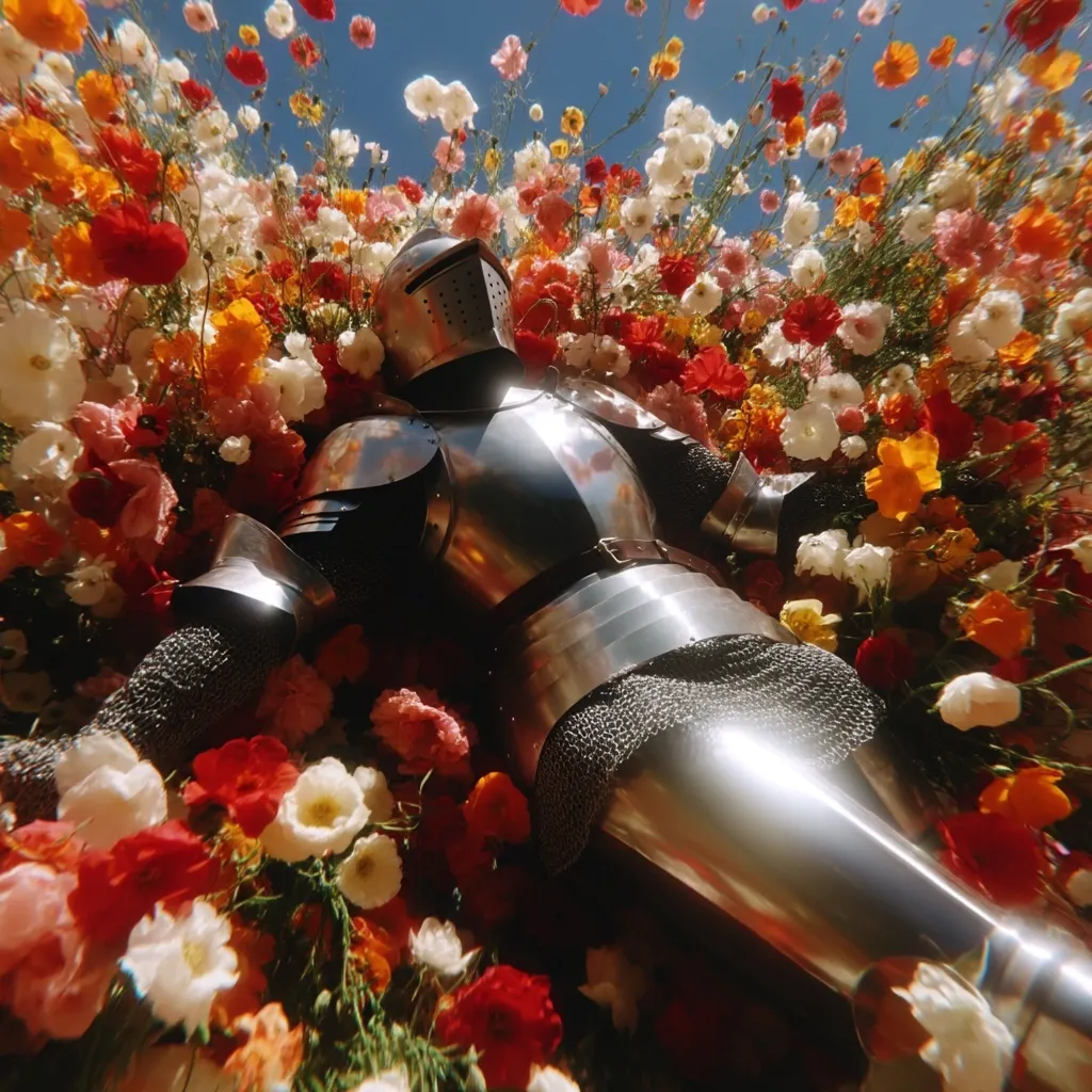 A knight in shining armor lies reclined amidst a vibrant field of wildflowers.  The metallic gleam of the suit of armor contrasts sharply with the soft, brightly colored blooms surrounding him.  Red, orange, white, and yellow flowers create a stunning floral bed, suggesting a scene of surreal beauty or peaceful repose. The sky peeks through above the floral abundance.