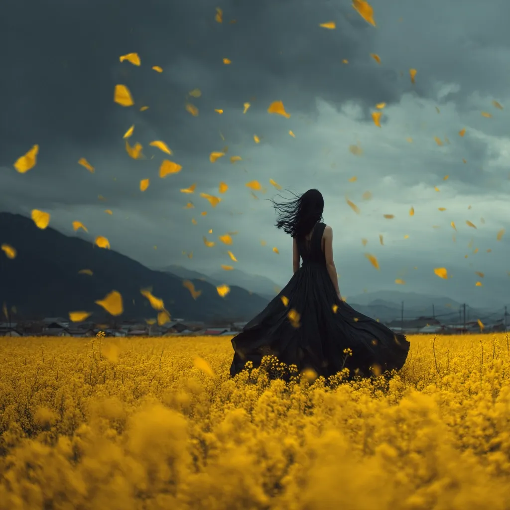 A woman in a flowing black dress stands in a field of vibrant yellow flowers.  Her dark hair blows in the wind, as yellow petals swirl around her. A dramatic, stormy sky forms a backdrop to this serene yet melancholic scene, suggesting a sense of both beauty and solitude.  The mountains in the distance add to the vastness of the landscape.