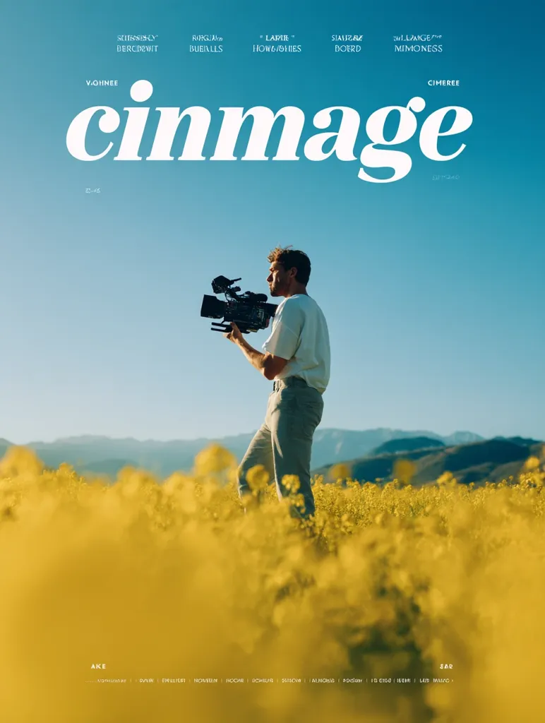 A man stands in a field of yellow flowers, holding a video camera.  The image is a poster for "cinmage," a film or video project.  The poster features a minimalist design with a light blue sky and the project's title in bold, white lettering.  Several names are listed above and below the title, likely credits.