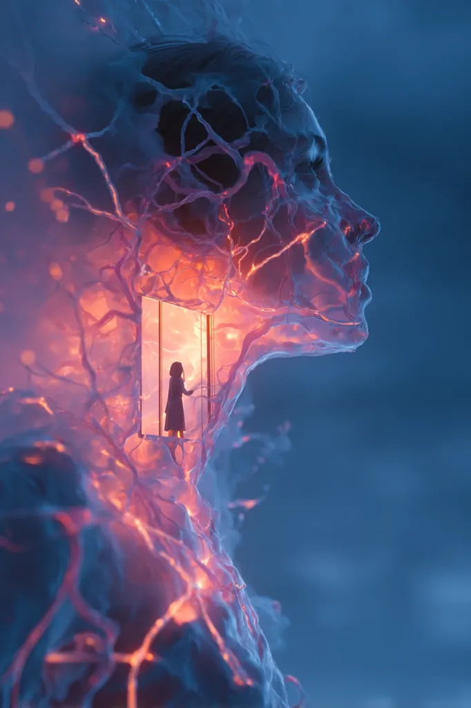 A surreal digital artwork depicts a translucent, glowing head and shoulders, resembling a human form with veins of light.  Within this ethereal figure, a small door reveals a woman silhouetted against a warm interior.  The overall aesthetic is dreamlike and mysterious, blending organic and geometric forms in a vibrant, otherworldly scene. The color palette is dominated by cool blues and contrasting warm oranges and reds.