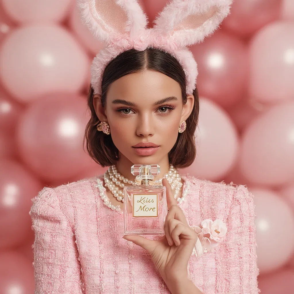 A young woman with pink bunny ears holds a bottle of "Kiss More" perfume.  She wears a pink tweed jacket, pearl necklace, and delicate earrings.  The backdrop is a cluster of soft pink balloons, creating a whimsical, feminine aesthetic. The overall image is light, airy, and promotes a romantic, playful mood.