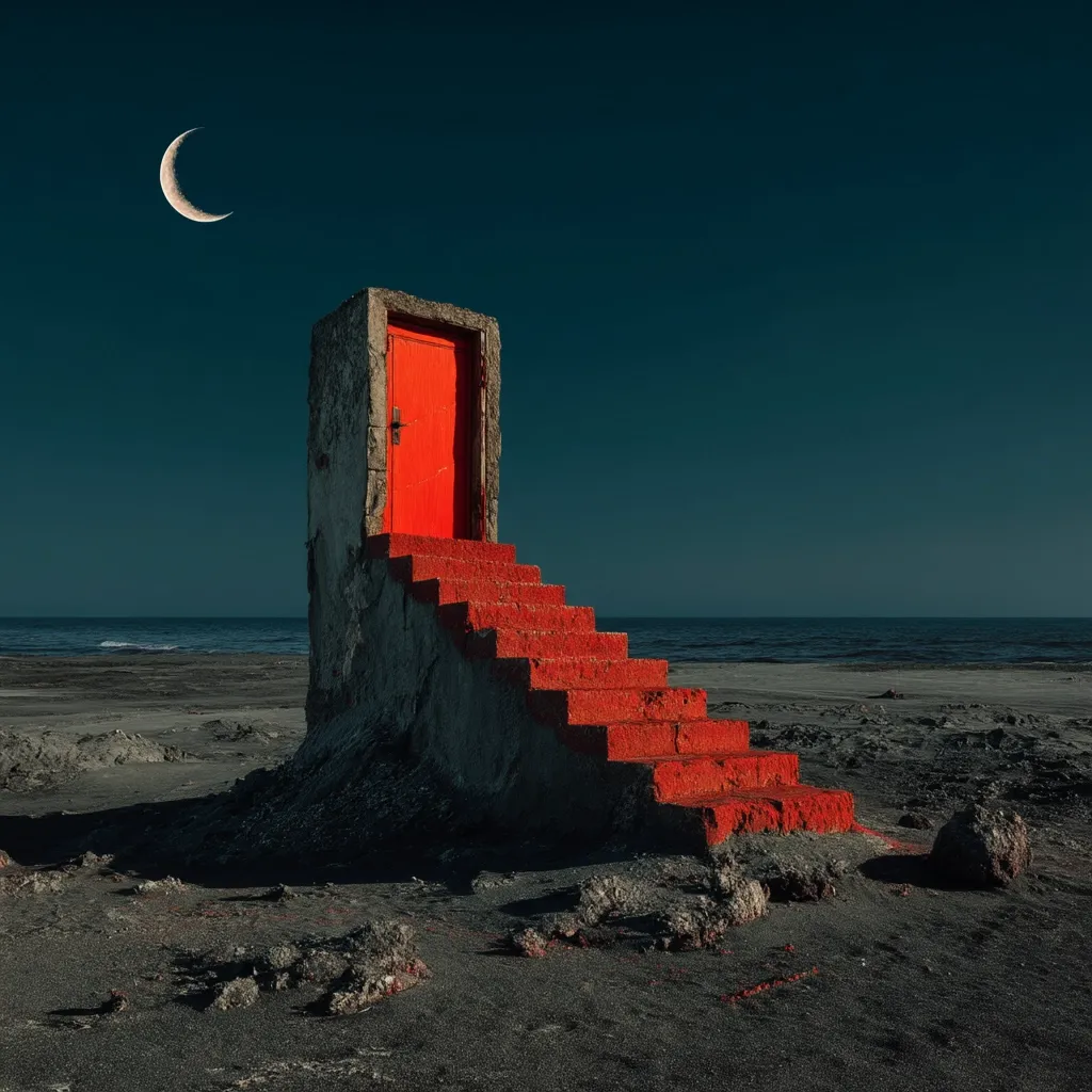 A vibrant red door stands prominently on a weathered concrete structure overlooking a tranquil sea under a dark night sky. A crescent moon hangs in the heavens above.  Red painted steps lead down to the dark sandy beach. The scene is surreal and evocative of mystery and passage.
