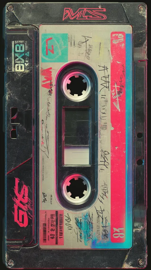 A worn-out vintage cassette tape is depicted, showcasing a grunge aesthetic.  The tape's case is black, with vibrant pink, teal, and white markings on the label.  Unidentifiable text and graffiti-style markings cover the label, adding to the retro feel. The cassette appears aged and well-used, reflecting a nostalgic vibe.  The image is sharp and detailed, emphasizing the texture and wear of the tape.