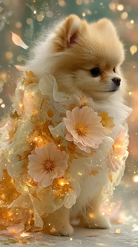 An adorable Pomeranian puppy is adorned in a whimsical, ethereal outfit.  The garment appears to be made of sheer, light gold fabric embellished with delicate, peach-colored flowers and sparkling lights. The overall effect is dreamy and magical, enhancing the puppy's fluffy fur and sweet expression.  The background is softly blurred, focusing attention on the charming canine model.
