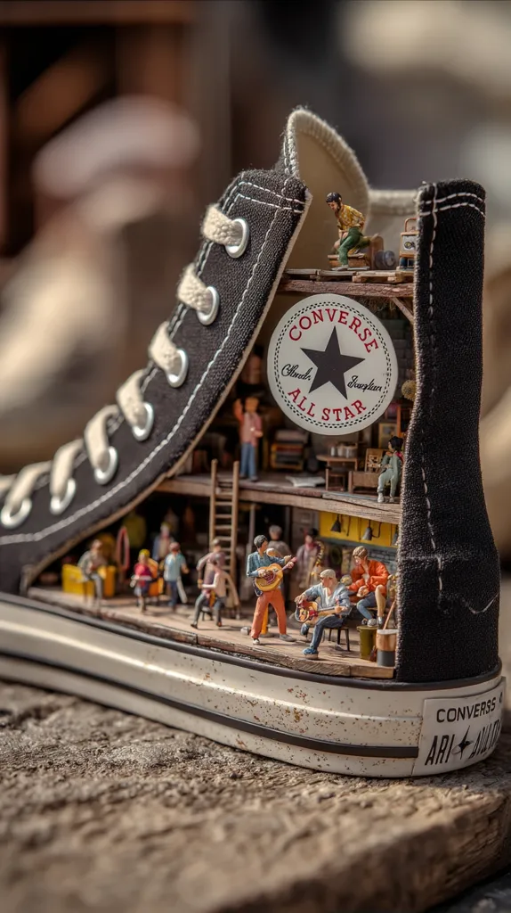 A black Converse Chuck Taylor All Star high-top shoe is transformed into a miniature diorama.  The shoe's interior is a detailed scene of a small town, complete with tiny people going about their daily lives, buildings, and even a band playing music.  The Converse logo is prominently displayed on the shoe's inner side, adding to the overall artistic effect.  The shoe rests on a rustic wooden surface.
