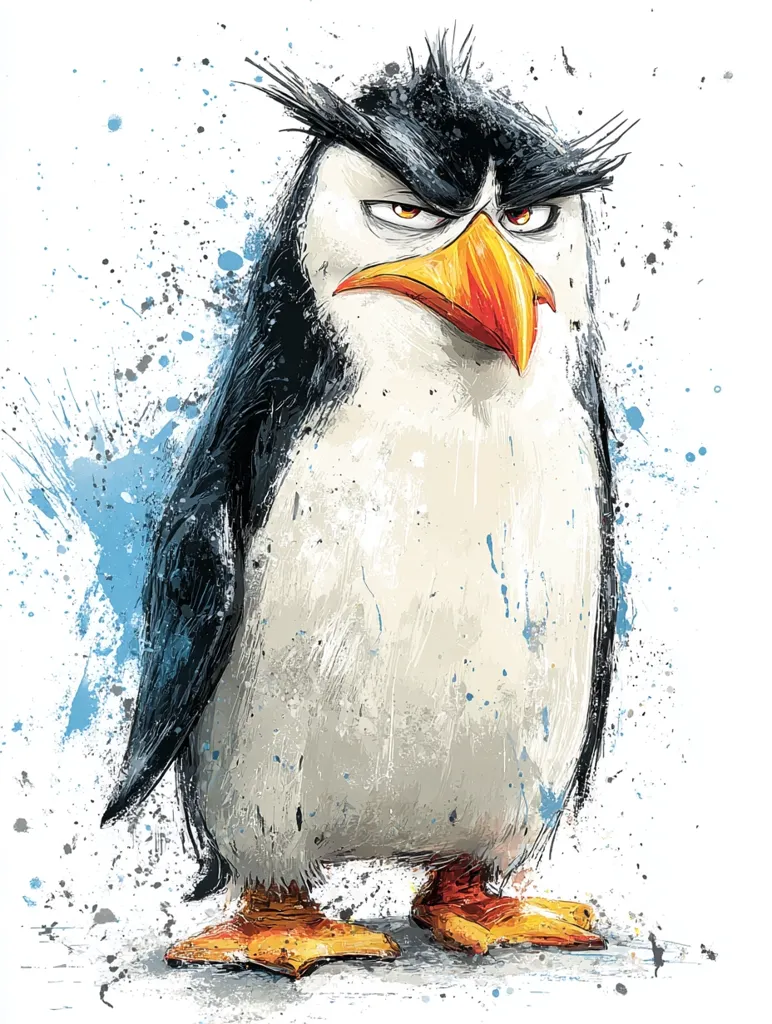 A stylized illustration of an angry penguin, depicted in a dynamic, splash-paint style. The penguin is predominantly white and black, with an orange beak and intense, frowning expression.  Its feathers are textured, giving a sense of movement.  The background is a splatter of light blues and greys, enhancing the artistic feel. The overall image is bold and expressive.
