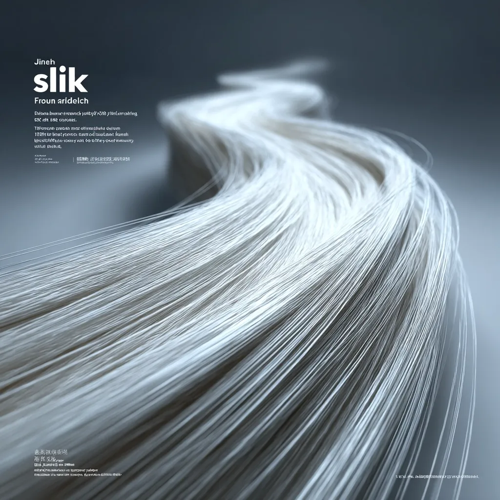 A close-up image showcases a mass of silky, white strands arranged in a flowing, wave-like pattern. The strands are tightly packed together, creating a smooth, almost liquid-like texture.  The background is a muted grey, emphasizing the brightness and smoothness of the fibers. The image is minimalistic and elegant, possibly advertising a high-end hair product or textile.