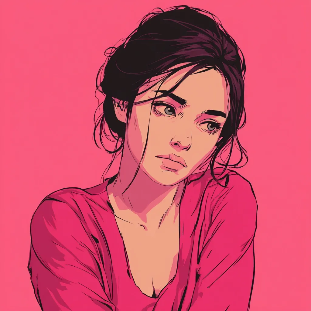 A stylized illustration of a young woman with dark hair pulled back in a loose bun. She's wearing a vibrant pink, low-cut top and her expression is pensive, her gaze directed slightly away from the viewer. The art style is bold and graphic, with strong lines and contrasting colors, creating a striking visual effect against the solid pink background.  The overall mood is one of quiet contemplation.