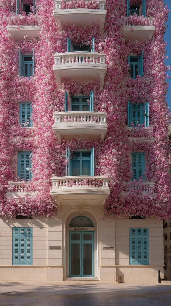 A multi-story building is completely covered in vibrant pink blossoms, creating a breathtaking scene.  Pale blue shutters adorn each window, contrasting beautifully with the pink flowers.  The building features elegant balconies and a central arched doorway, all in a creamy beige hue. The overall effect is one of whimsical, romantic beauty.