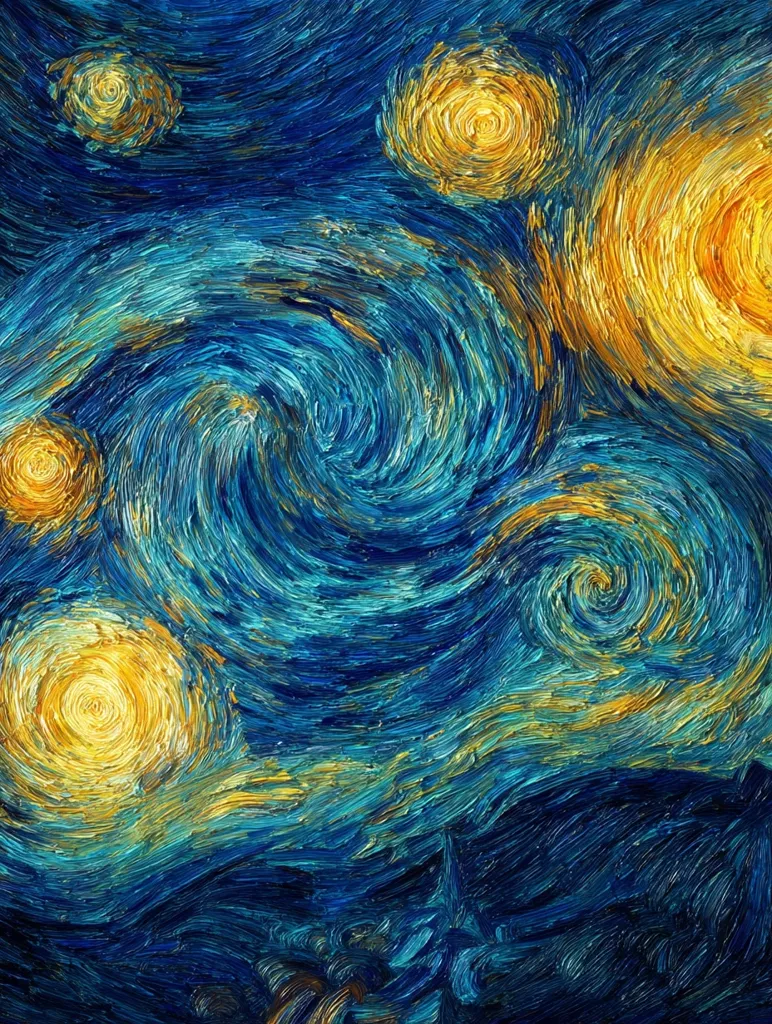 A vibrant, swirling night sky dominates the painting, rendered in a thick impasto style.  Bright yellow stars, depicted with swirling brushstrokes, contrast against the deep blues and teal hues of the night.  The style evokes Van Gogh's "Starry Night," with a similar energetic and expressive application of paint. The lower portion suggests a dark, rolling landscape, obscured by the dynamic celestial scene above.