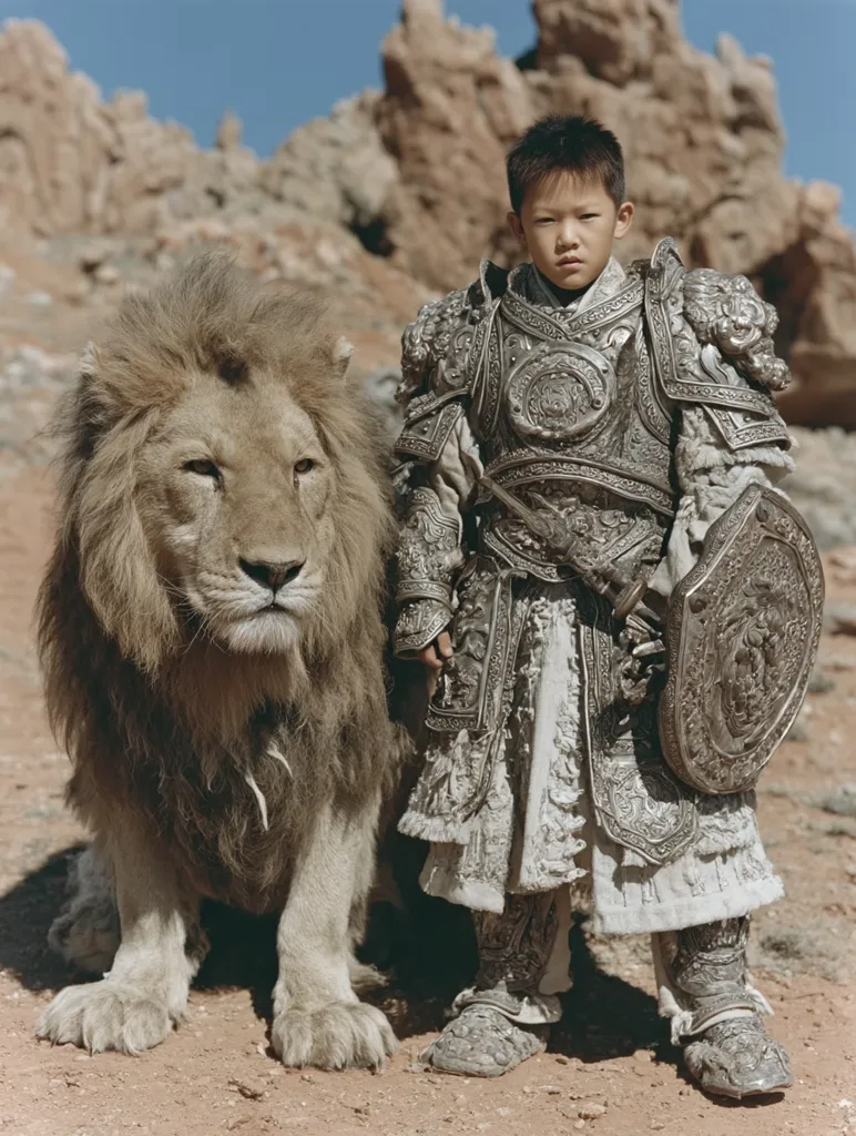 A young boy, dressed in ornate silver armor and holding a shield, stands beside a majestic lion.  The setting is a rocky, desert landscape under a bright sun. The boy's serious expression contrasts with the lion's calm demeanor.  The intricate detail of the armor and the imposing presence of the lion create a striking visual.