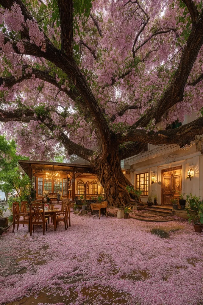 A large, ancient tree, laden with delicate pink blossoms, dominates the courtyard of a charming building.  Pink petals carpet the ground, creating a romantic setting.  A wooden patio set sits under the tree's boughs, inviting guests to relax amidst the beauty of nature. The building, with its warm lighting and classic architecture, adds to the idyllic scene.  The overall atmosphere is peaceful and serene.