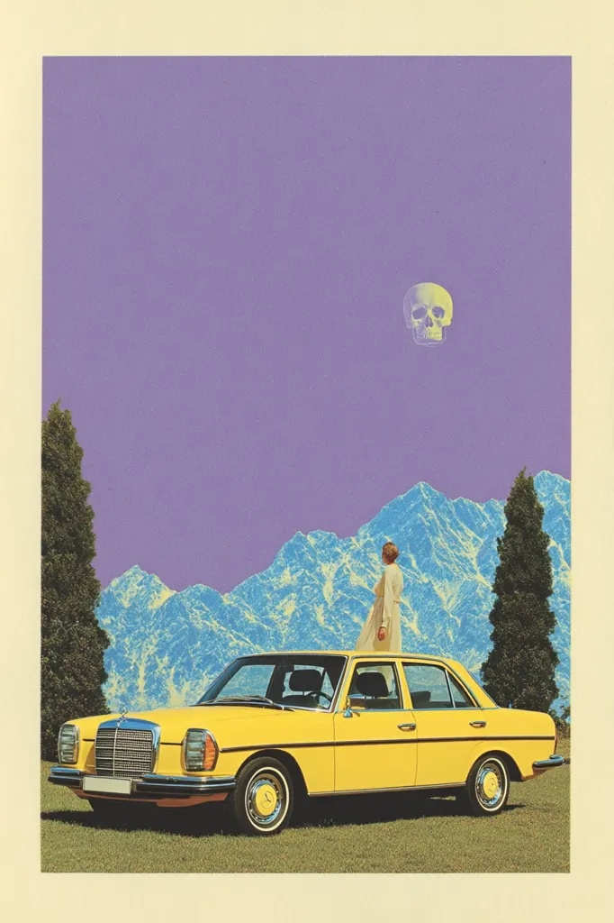 A surreal collage features a yellow vintage car parked in a grassy field before a majestic mountain range under a purple sky. A woman stands on the car's roof, gazing upwards at a floating skull.  Tall, slender trees flank the scene, adding to the dreamlike, otherworldly atmosphere. The vibrant colors and contrasting elements create a striking visual narrative.