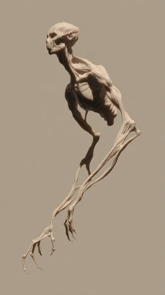 A digital sculpture depicts a gaunt, humanoid creature with an elongated neck and spindly limbs.  Its skeletal structure is prominently visible beneath thin, stretched skin.  The creature's head is small with a skull-like appearance.  The pose suggests a reaching or grasping motion, emphasizing the creature's unnatural anatomy.  The overall tone is one of unsettling otherworldliness.