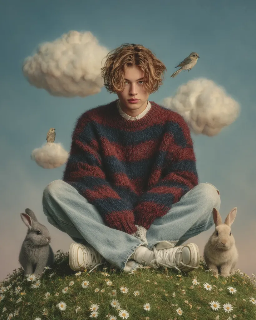 A young man with curly blond hair sits cross-legged on a grassy hill, surrounded by small clouds, birds, and two rabbits. He wears a striped burgundy and navy sweater and light blue jeans. The scene is dreamy and surreal, evoking a sense of peace and tranquility. The overall aesthetic is soft and whimsical, with a muted color palette.